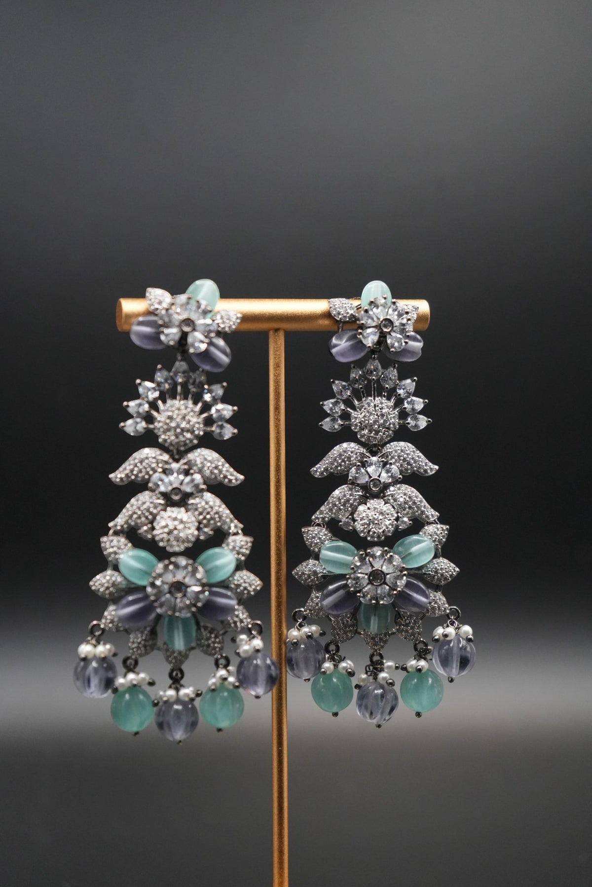 Stunning  AD Earrings with Sea Blue and Grey pearls