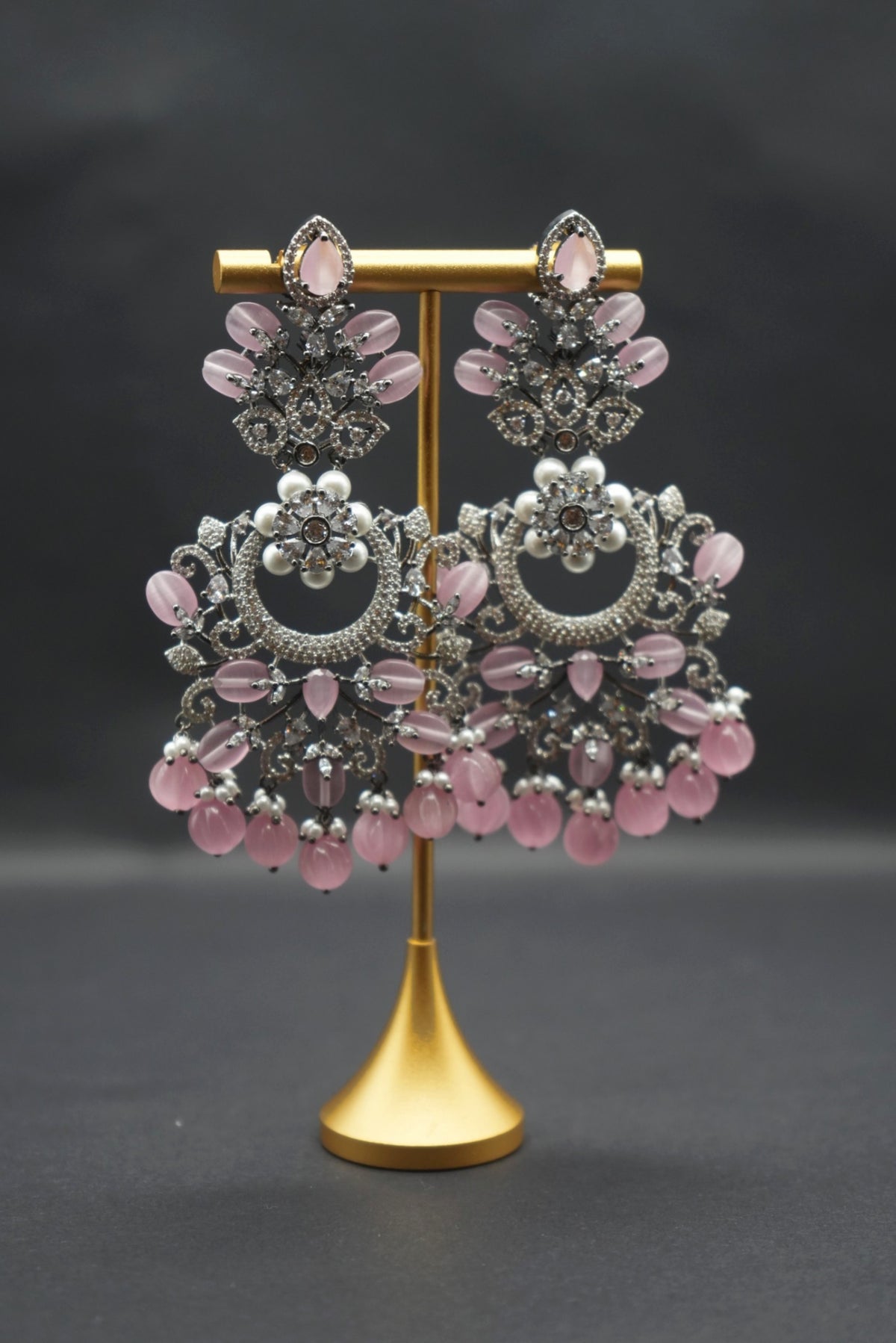 Exquisite Pink and Grey Crystal Drop Earrings