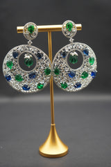 Bold Crystal Circle Earrings with Green and Blue Accents