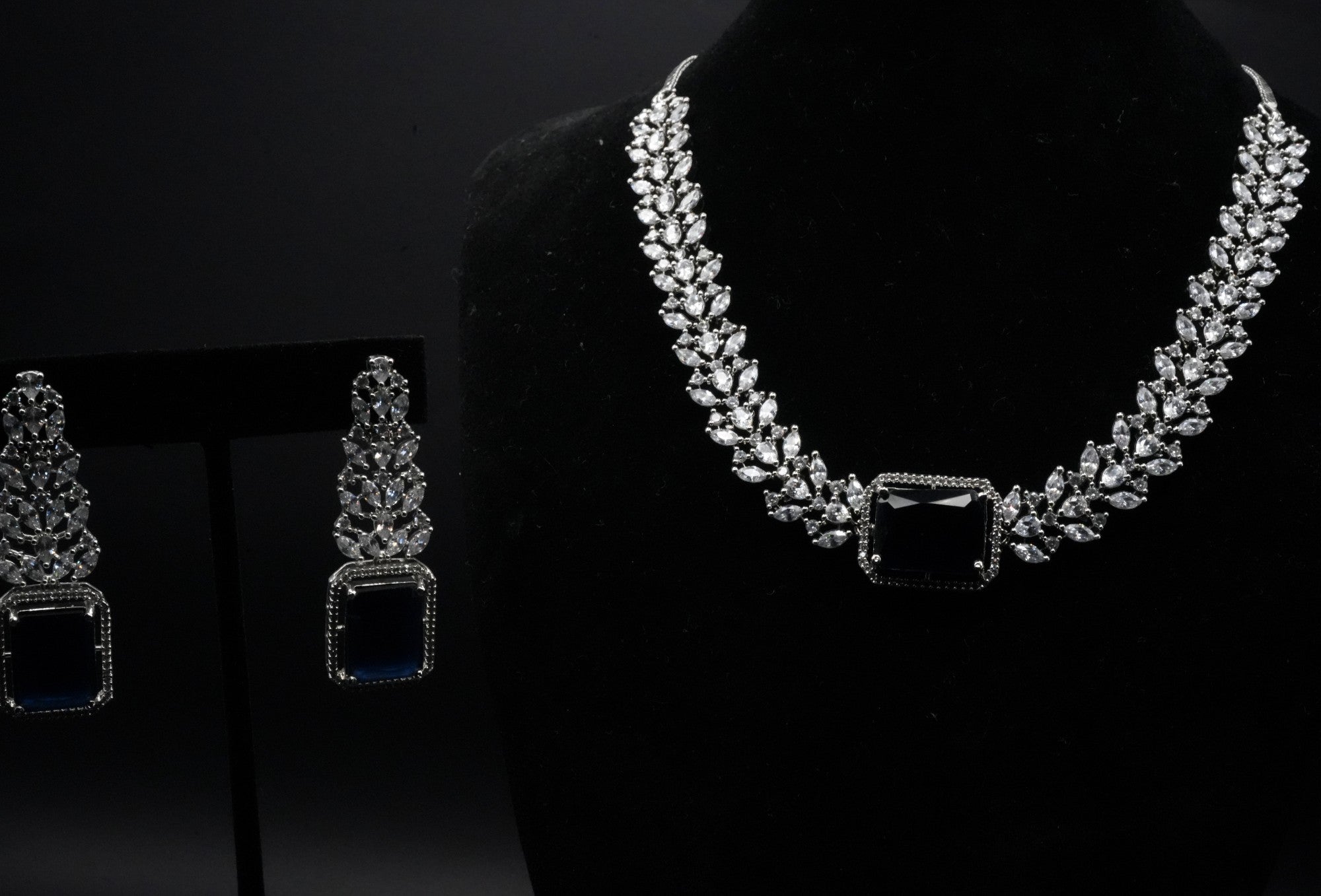 Sophisticated Sapphire and Cubic Zirconia Simulant Necklace and Earrings Set