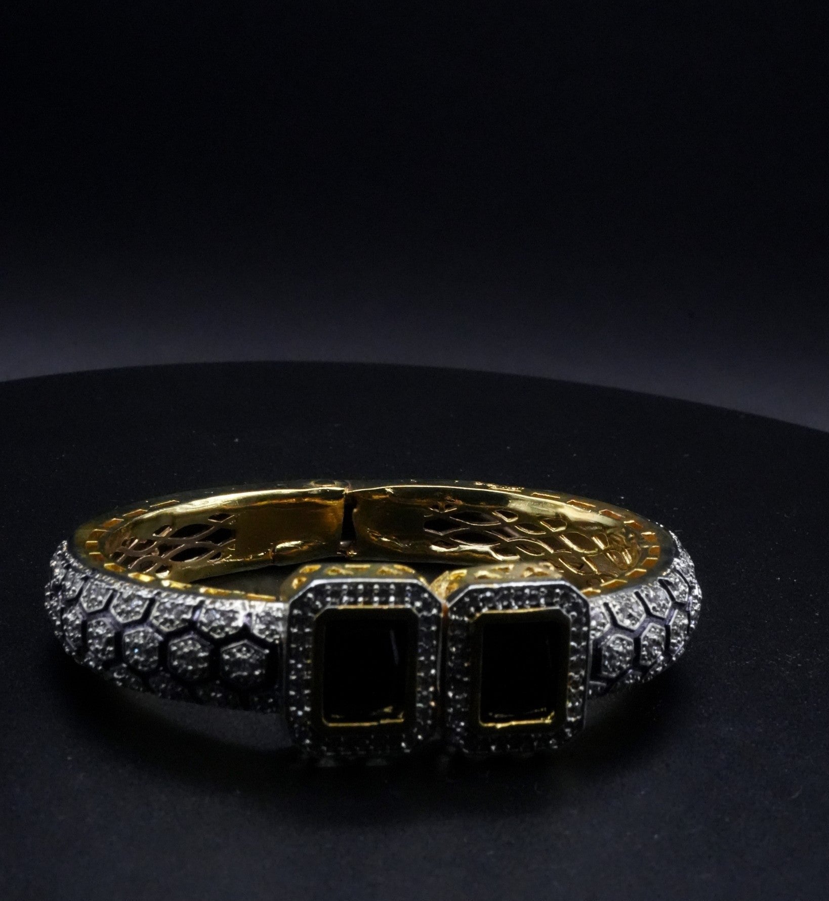 Opulent Gold and Silver Bangle with Black Onyx and CZ Crystals-like Accents