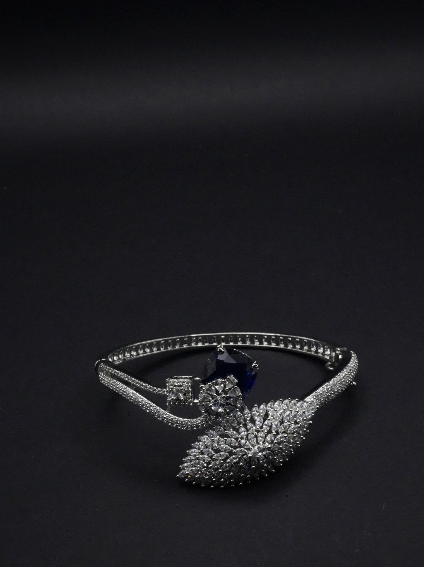 Exquisite Silver coated Bangle with Leaf Motif, Sapphire Crystal with CZ stones