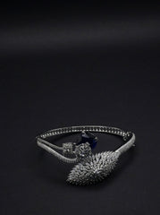 Exquisite Silver coated Bangle with Leaf Motif, Sapphire Crystal with CZ stones