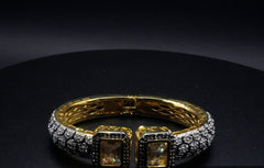 Regal Gold  coated Bangle with Dual Square Gemstones and Pavé Crystal Accents