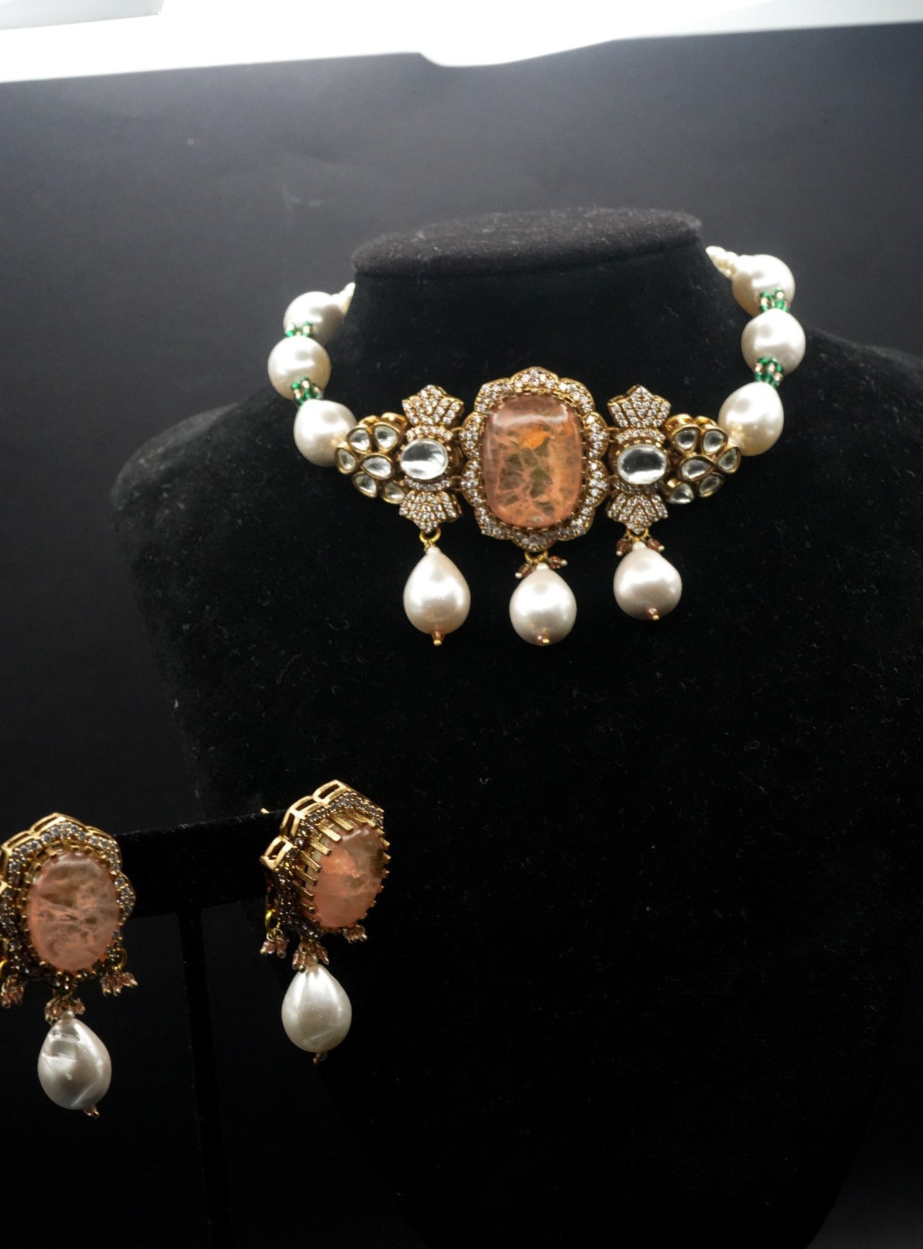 Antique Gold coated and Pearl Necklace with Matching Earrings