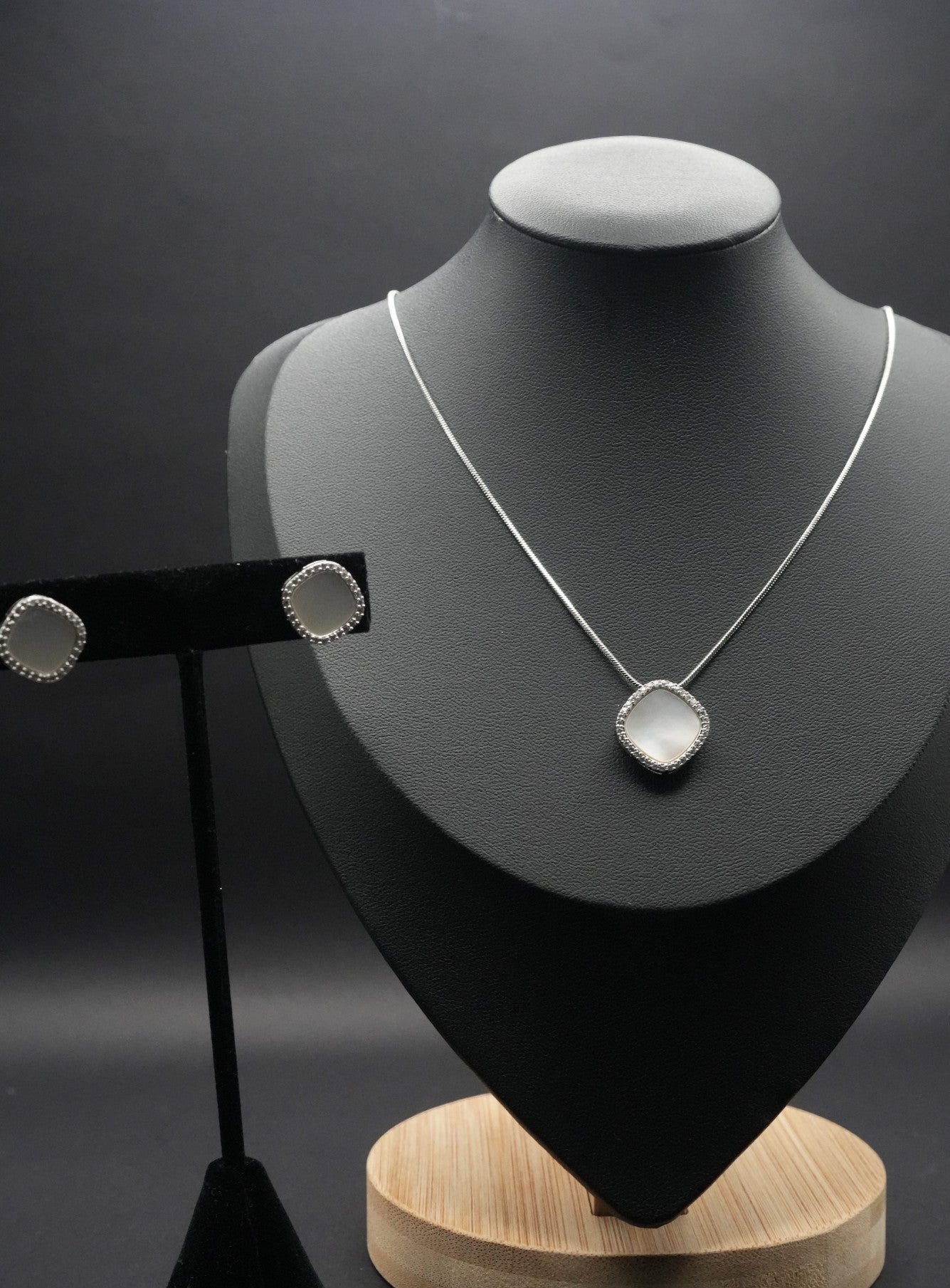 Modern Silver coated Necklace and Earring Set with Frosted Square Pendants