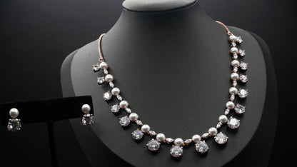 Rose Gold-Tone Necklace and Earring Set with Pearls and Cubic Zirconia Accents