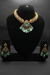 Exquisite Gold-Plated Necklace and Earring Set with Aqua-Toned Accents