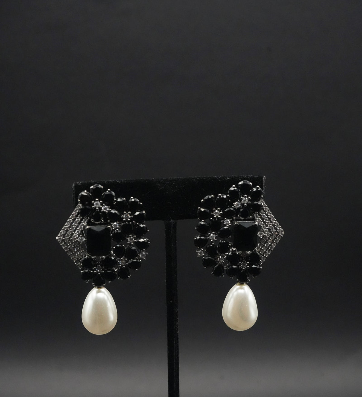 Elegant Black Stone and Pearl Drop Earrings