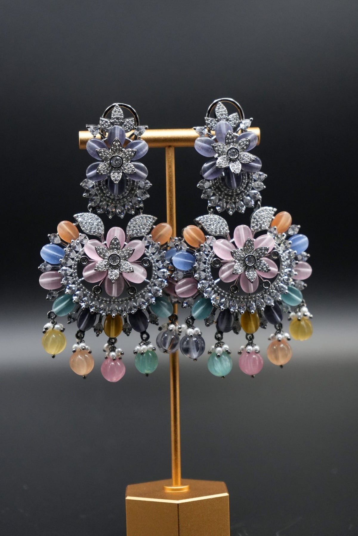 Stunning  Dangler Multi Gemstone Chandelier Earrings with Intricate Crystal Detailing