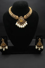 Exquisite Gold-Plated Necklace and Earring Set with White beads hanging Accents