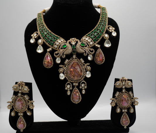 Elevate your elegance with this regal peacock-inspired antique necklace and earring set