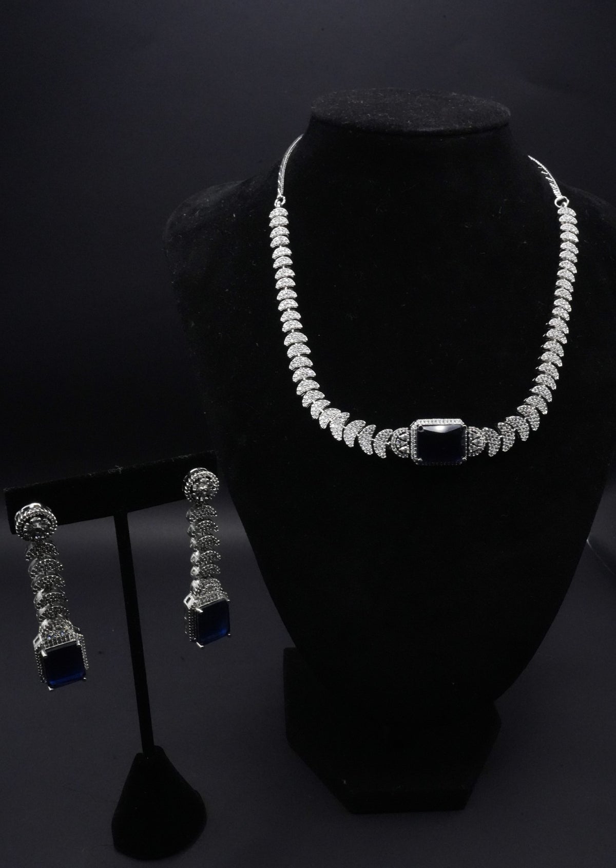 Sapphire and Small stone crystals Simulant Necklace and Earrings Set