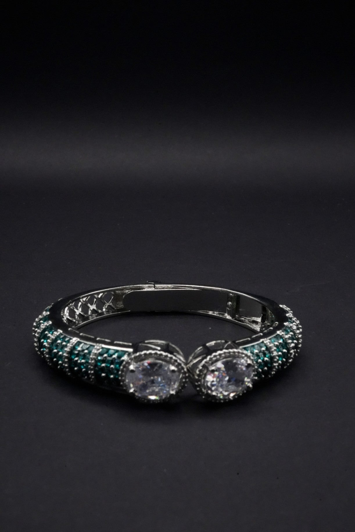 Stunning Silver coated Open Cuff Bangle with Emerald Green and Clear Crystal Accents