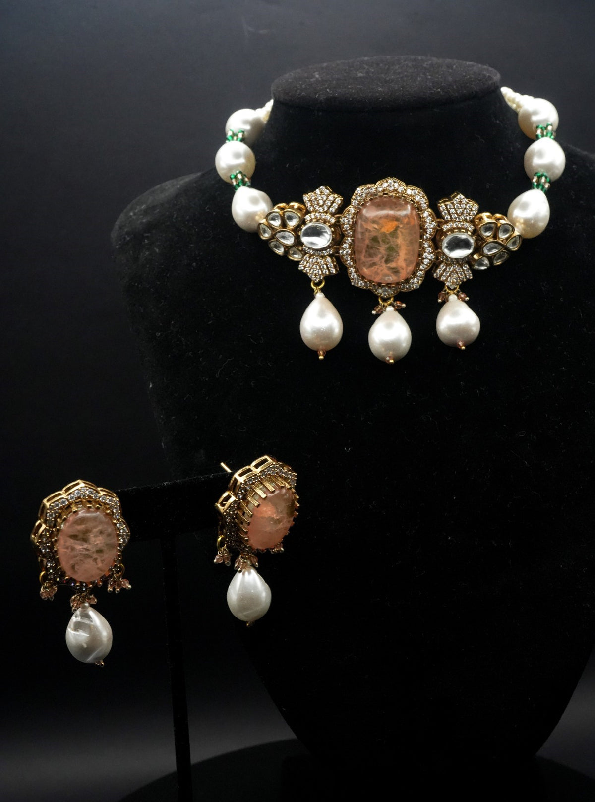 Antique Gold coated and Pearl Necklace with Matching Earrings