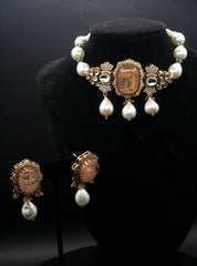 Antique Gold coated and Pearl Necklace with Matching Earrings