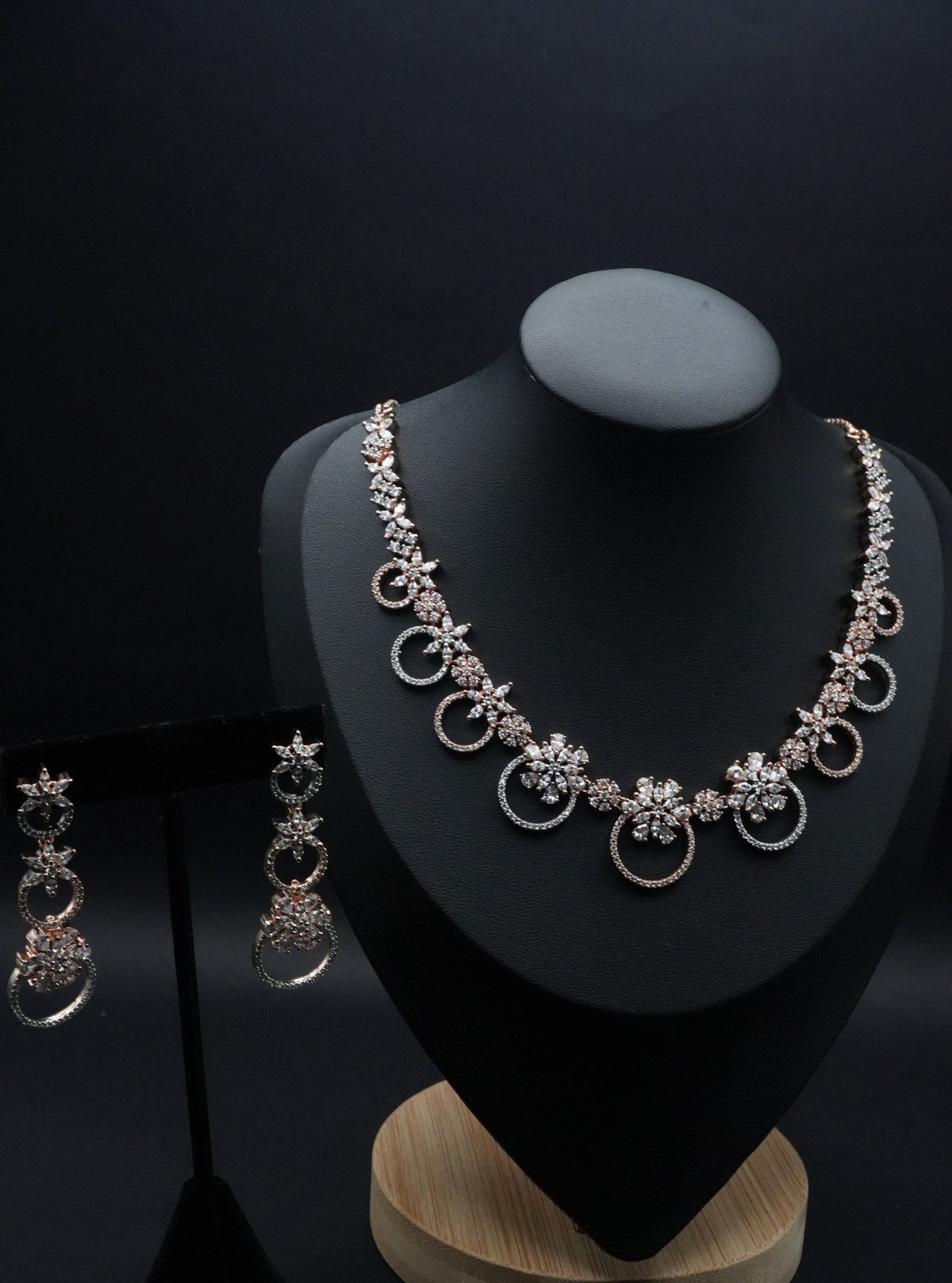 Rose Gold-Tone Necklace and Earring Set with Floral and Circle Motifs