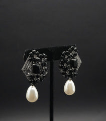 Elegant Black Stone and Pearl Drop Earrings