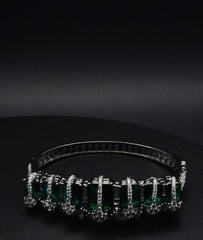 Luxurious Silver coated Bangle with Emerald Green Gemstones with CZ Crystals