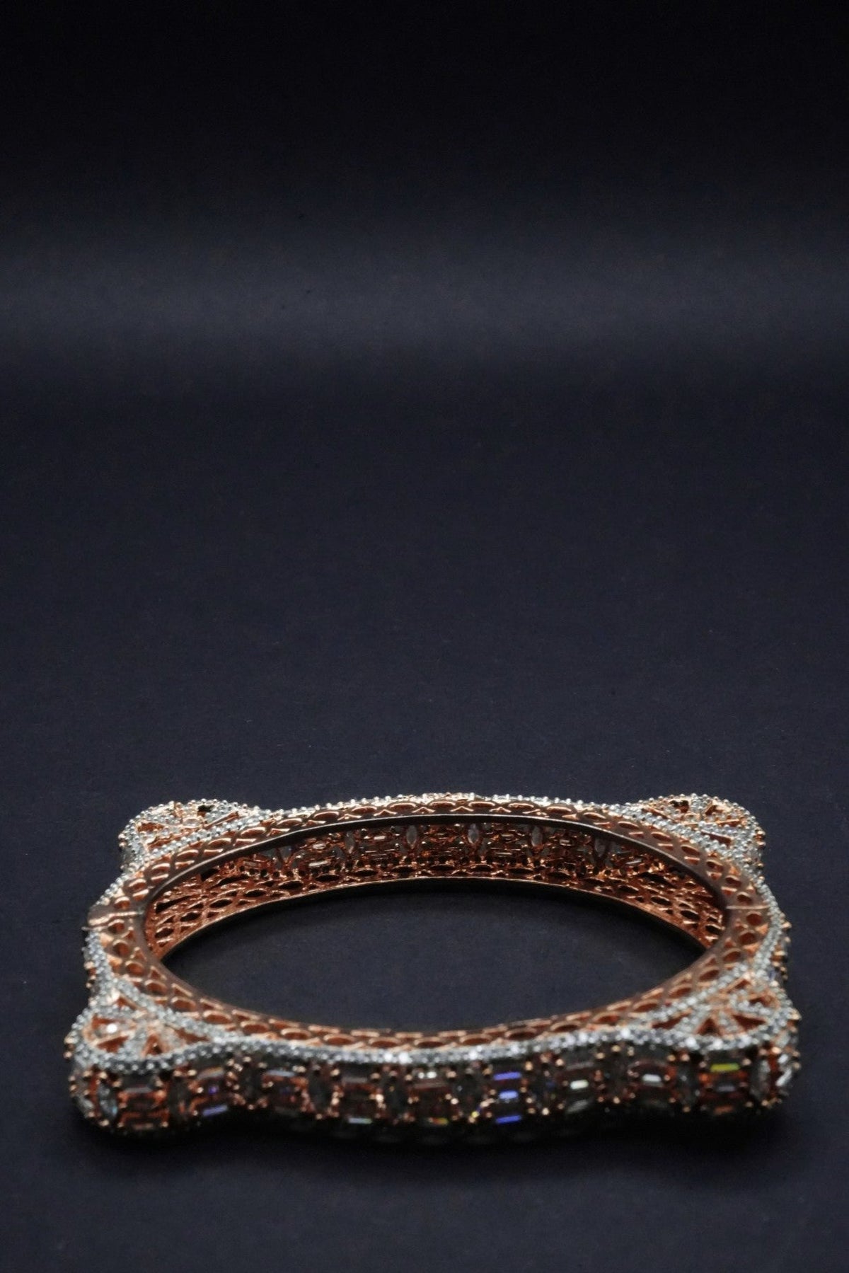 Exquisite Rose Gold coated Square Bangle with Intricate Crystal Detailing