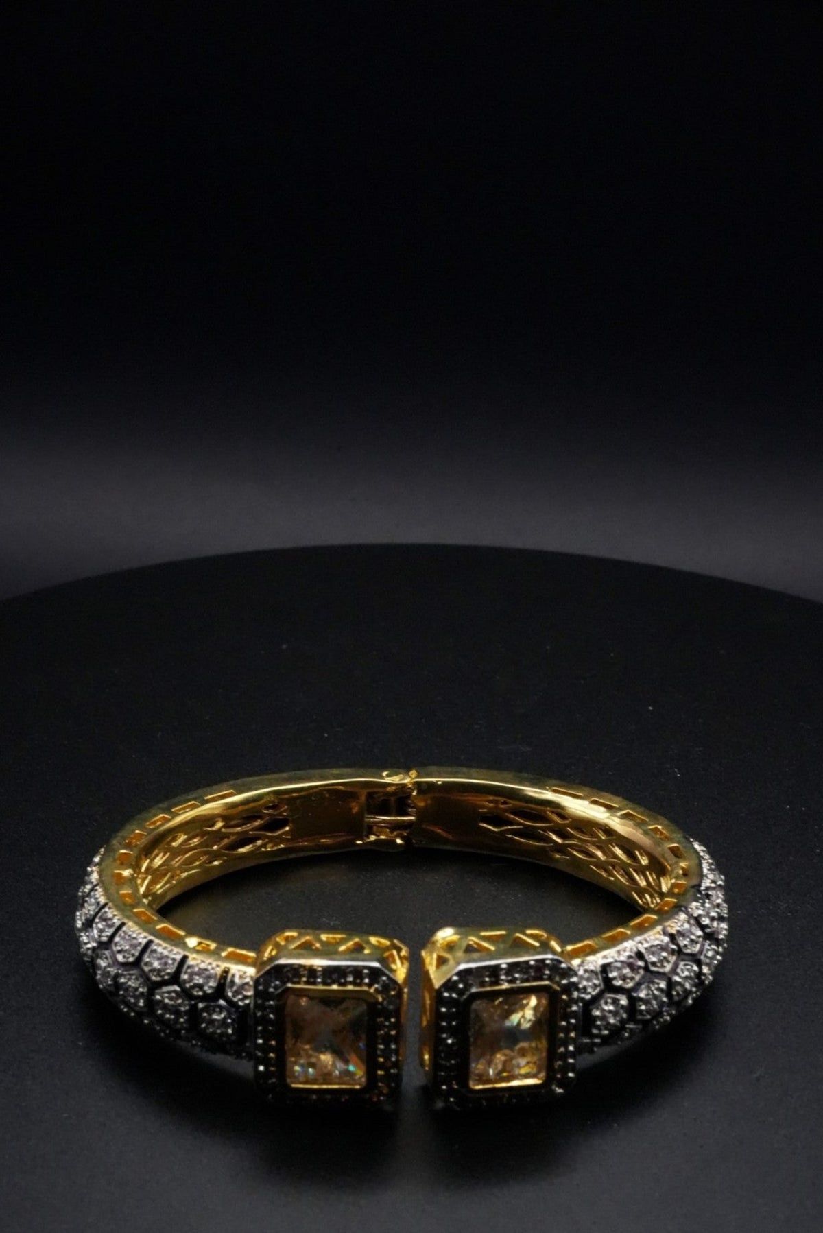 Regal Gold  coated Bangle with Dual Square Gemstones and Pavé Crystal Accents