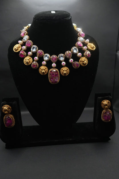 Regal Radiance: Gemstone and Lion Motif Necklace & Earring Set
