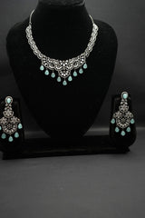 Exquisite Crystal and Aqua Droplet Necklace with Earrings