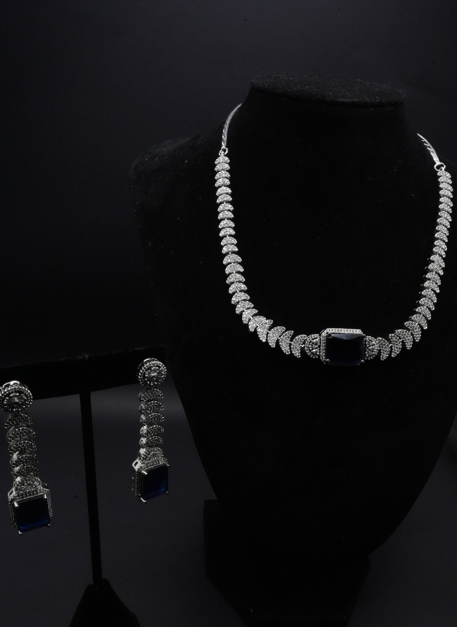 Sapphire and Small stone crystals Simulant Necklace and Earrings Set