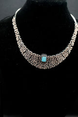 Intricate Silver-Plated Necklace With rose gold combination Set with Aquamarine Accents