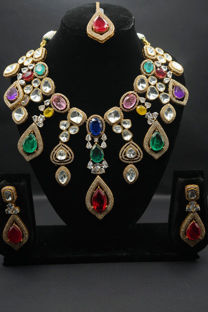 Rainbow Majesty: Kundan-Inspired Gemstone Necklace, Earrings & Tikka Set