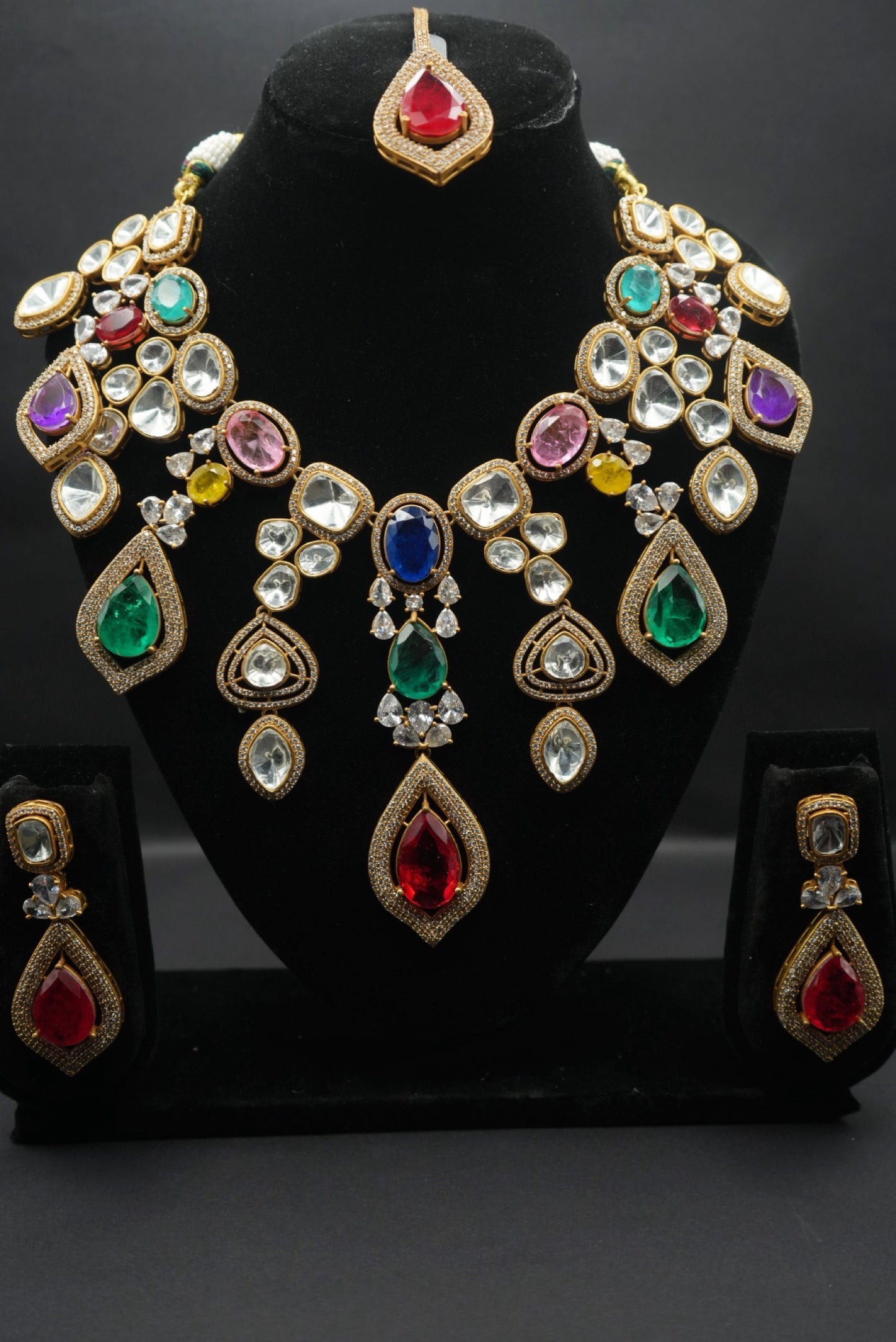 Rainbow Majesty: Kundan-Inspired Gemstone Necklace, Earrings & Tikka Set