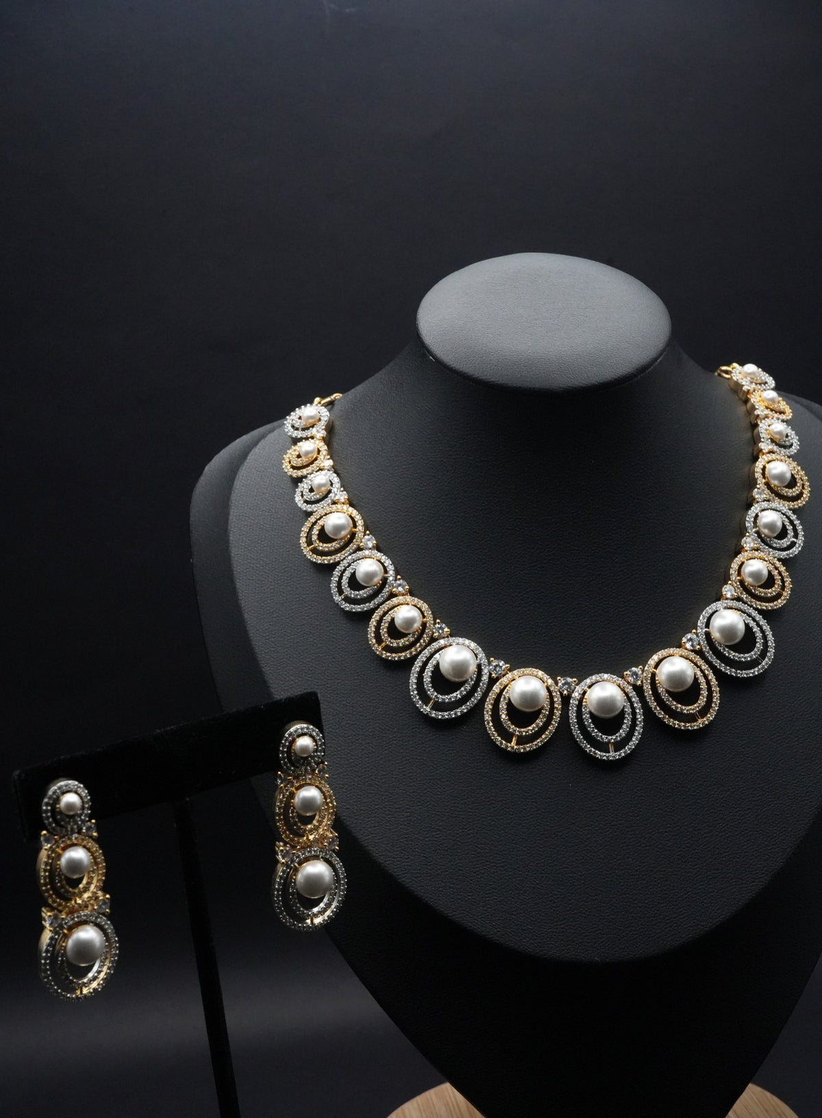 Opulent Pearl and Crystal Necklace and Earring Set with Dual-Tone Finish