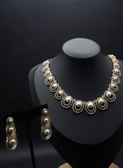 Opulent Pearl and Crystal Necklace and Earring Set with Dual-Tone Finish